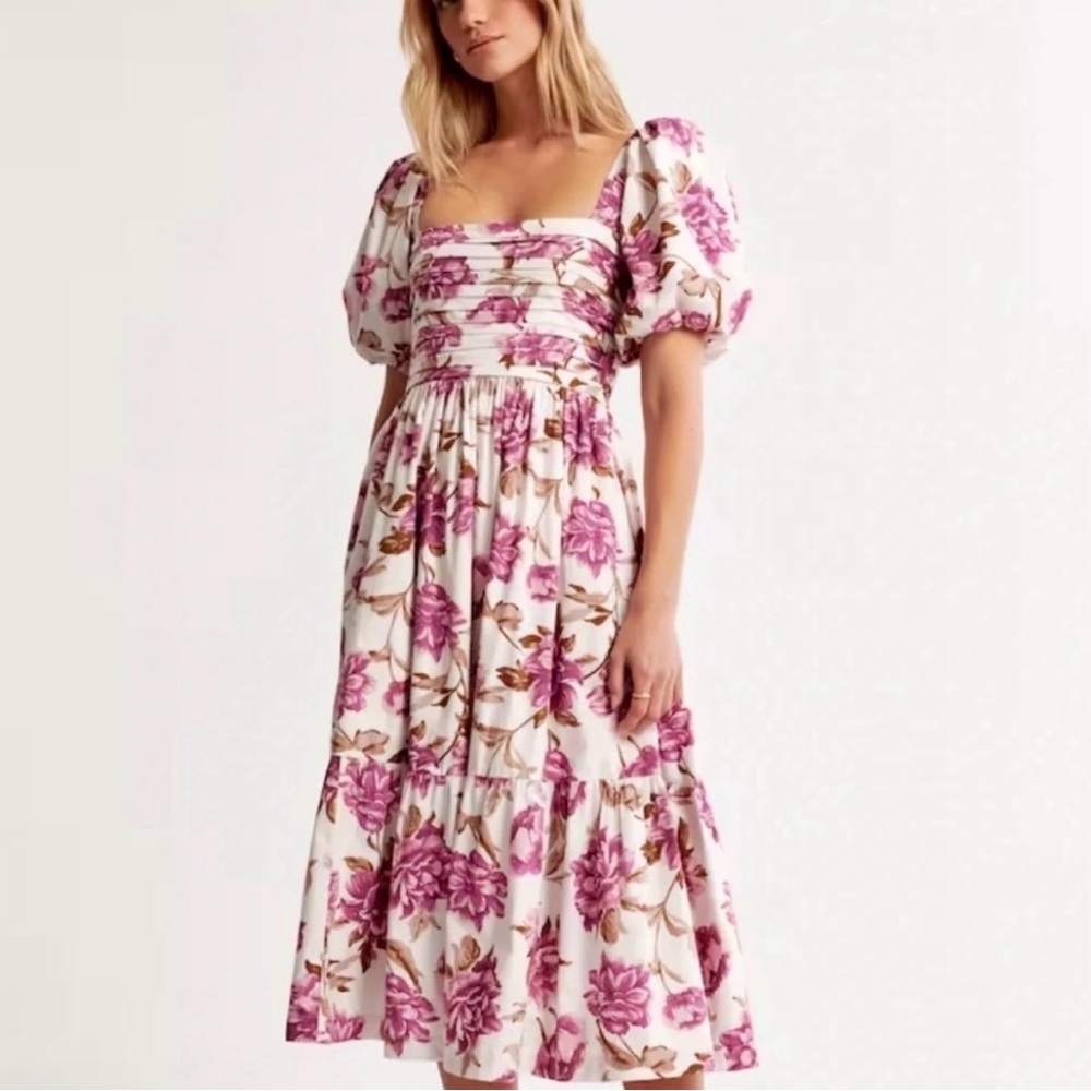 Abercrombie & Fitch Emerson Purple Floral Puff-Sleeve Midi Dress